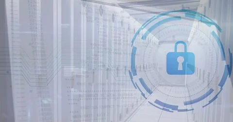 Image of padlock and digital data processing over computer servers Stock Photos