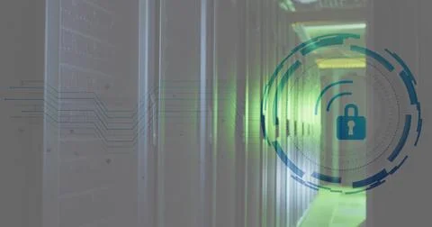 Image of padlock and digital data processing over computer servers 写真素材