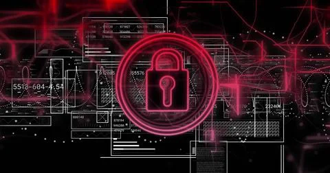 Image of padlock and digital data processing over black background Stock Photos