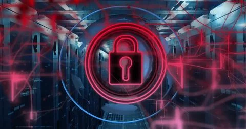 Image of padlock and digital data processing over computer servers 写真素材
