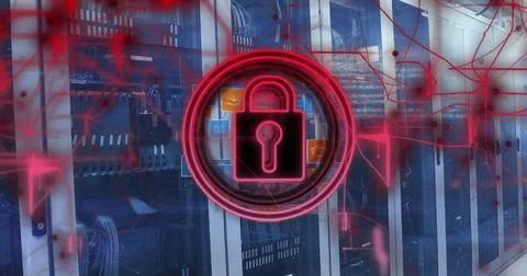 Image of padlock and digital data processing over computer servers Stock Photos