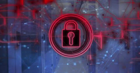 Image of padlock and digital data processing over computer servers Stock Photos