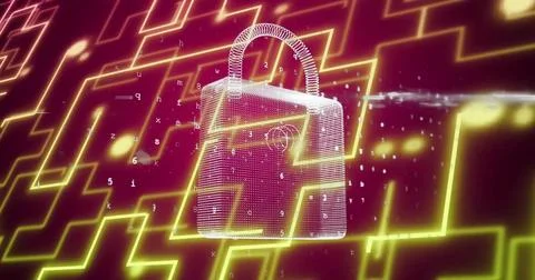 Image of padlock and dots moving in lines over abstract background Stock Photos