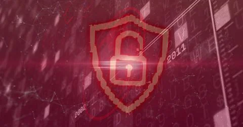 Image of padlock and financial data processing over red background Illustrazione stock