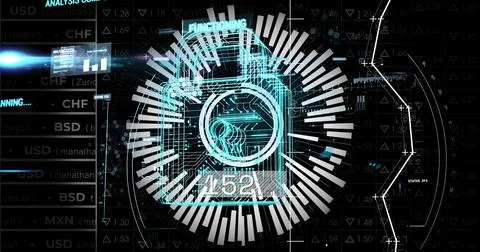 Image of padlock and financial data processing over black background Stock Illustration