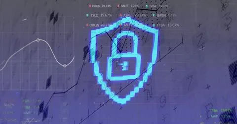 Image of padlock and financial data processing over white background Illustrazione stock