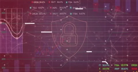 Image of padlock and financial data processing over dark background Stockfoto's