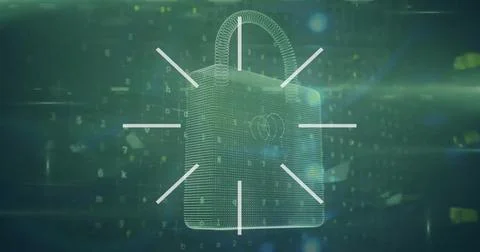 Image of padlock and financial data processing over green background Stock Photos
