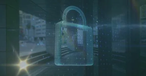 Image of padlock and financial data processing over cityscape Foto stock