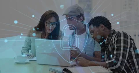 Image of padlock and network of connections over diverse business people in Stockfoto's