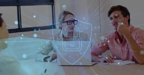 Image of padlock and network of connections over diverse business people in 스톡 사진