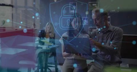 Image of padlock and network of connections over diverse business people in Stockfoto's