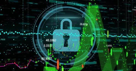 Image of padlock and scope scanning over data processing 스톡 사진