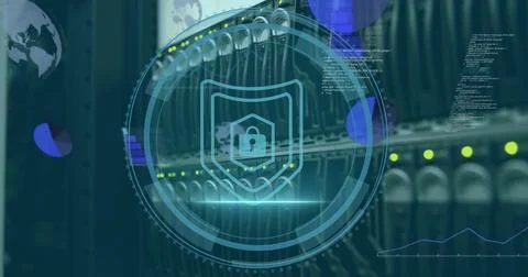 Image of padlock and shield icon on security scanner interface and data 스톡 사진