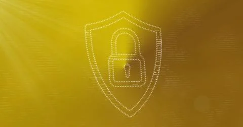 Image of padlock and shield with lines moving against yellow background Stock Photos