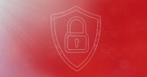 Image of padlock and shield with lines moving against red background 스톡 사진