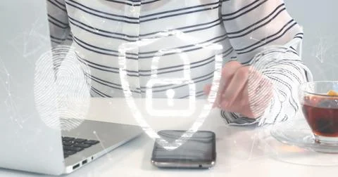 Image of padlock, biometric fingerprints, data processing and networks over.. Stock Photos