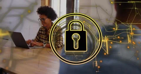 Image of padlock in circle and navigation pattern over smiling biracial wom.. Stock Photos