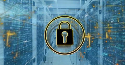 Image of padlock in circle and navigation pattern over binary codes on data Stock Photos