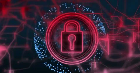 Image of padlock in circle with connected lines over dots forming globe Stockfoto's