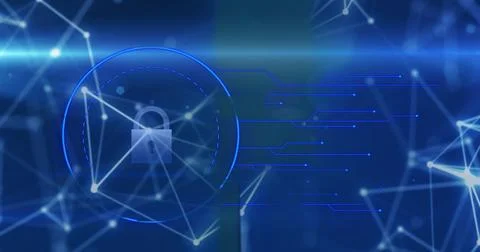 Image of padlock in circle with illuminated connected dots and lines on abstract Illustrazione stock