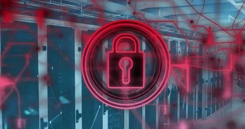 Image of padlock in circle, navigation pattern over connected dots on data Stock Photos