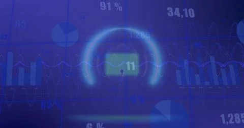 Image of padlock in circle over multiple graphs with changing numbers against Stock Photos