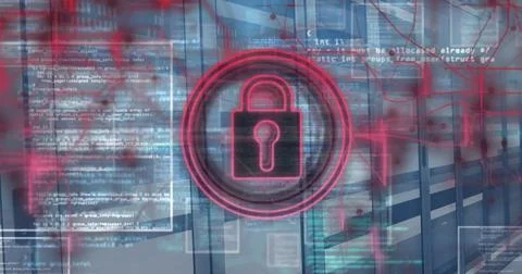 Image of padlock in circle over programming language in squares against ser.. Foto stock