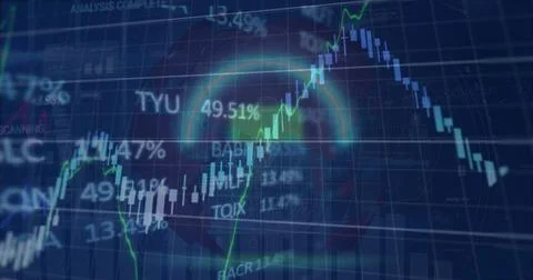 Image of padlock in circle over trading board and graphs against globe in Stock Photos