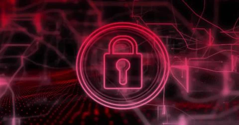 Image of padlock in circles and navigation pattern over black background Stock Photos