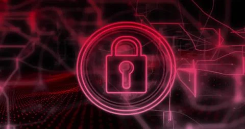 Image of padlock in circles and navigation pattern over black background Stock Photos