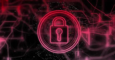 Image of padlock in circles and navigation pattern with dots forming globe over Stock Photos