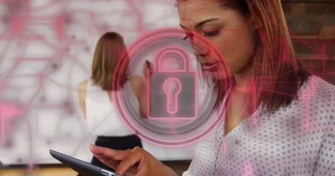 Image of padlock in circles and navigation pattern over biracial woman using Stock Photos