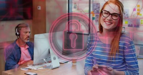 Image of padlock in circles and navigation pattern over caucasian woman using Stock Photos