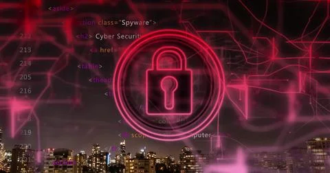 Image of padlock in circles, computer language over illuminated cityscape 스톡 사진