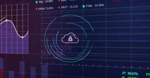 Image of padlock in circles, graphs, trading boards and computer language over Stock Photos
