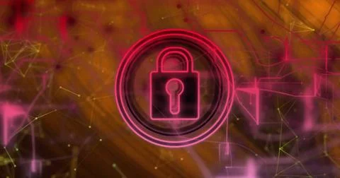 Image of padlock in circles, navigation pattern and connected dots over abstract Stock Photos