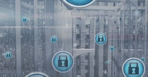 Image of padlock in circles over circuit board pattern on server racks in server Illustrazione stock