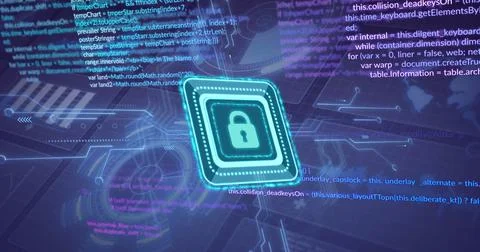 Image of padlock, circuit board, data processing over statistics Stock Photos