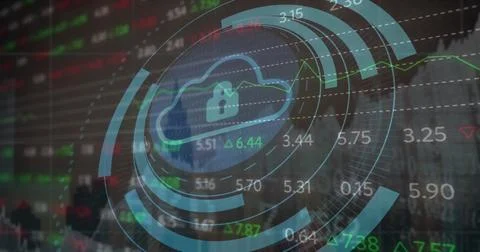 Image of padlock in cloud and circles over graphs and trading board against 写真素材