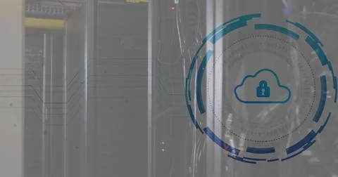 Image of padlock, cloud and digital data processing over computer servers Stock Photos