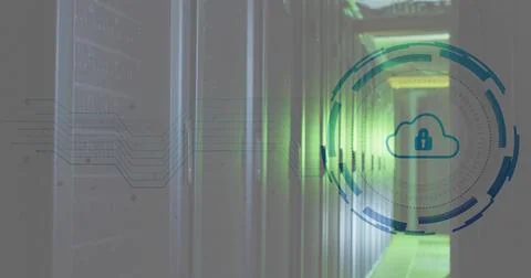 Image of padlock, cloud and digital data processing over computer servers 写真素材