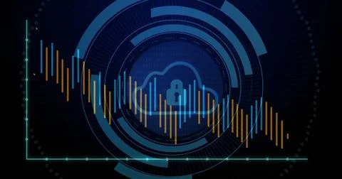 Image of padlock with cloud, digital data processing over scope scanning on dark Stock Illustration
