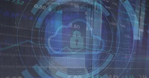 Image of padlock, cloud in loading circles and trading board over data server Stock Illustration