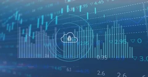 Image of padlock in cloud over multiple graphs and trading board against blue Stock Photos