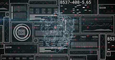Image of padlock, cloud, shield, graphs, loading bars and circles with numbers, 写真素材