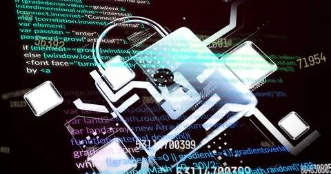Image of padlock, computer language and lines around squares over black Stock Photos