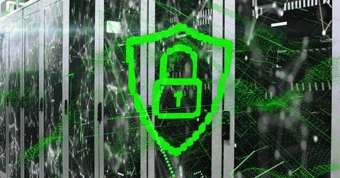 Image of padlock with connected dots and abstract patterns over data server Stock Illustration