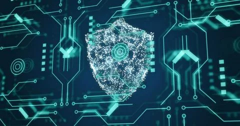 Image of padlock, connections and data processing over circuit board Stock Photos