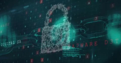 Image of padlock, connections and data processing over dark background 写真素材